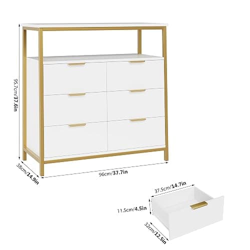 FACBOTALL Modern White Dresser, 6 Drawer Dresser with Shelf, Wood Chest of Drawers with Sturdy Steel Frame, Large Capacity 6 Drawer Chest or Living Room Home thumbnail 3