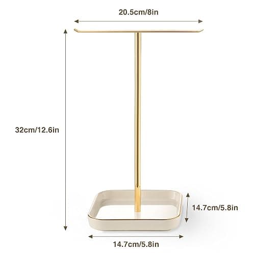 Jewelry Holder Stand with Ceramic Base: 12" Tall Necklace Organizer Rack, Tree Design Display Storage for Necklaces, Bracelets, Rings, Earrings, Aesthetic Room Décor for Girls and Women, Gold thumbnail 2