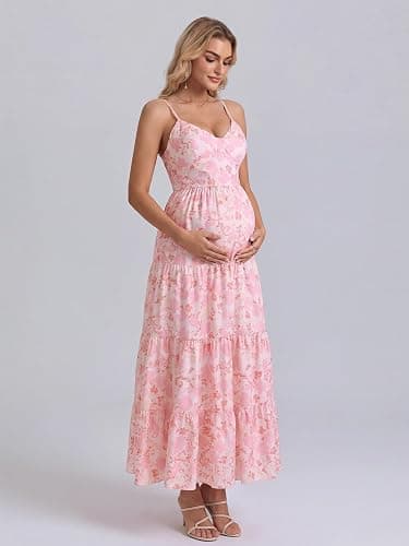 HTZMO Maternity Floral Summer Maxi Dress Bow Tie V Neck Baby Shower Photoshoot Casual Boho Long Sundress for Women thumbnail 3
