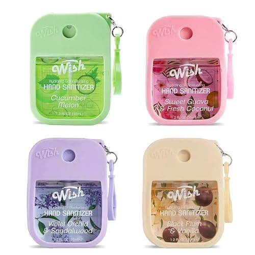 Wish Hand Sanitizer Spary Travel Size Spray 4-Piece 1.2 FL OZ (35ML) Each, Black Plum vanilla, Violet orchid sandalwood, Sweet Guava Fresh Coconut, Cucumber Melon, Hydrating and Moisturizing,(4 pack) - Image 1