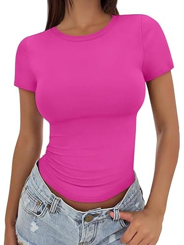 Trendy Queen Womens Basic T Shirts Summer Tops 2025 Crop Short Sleeve Slim Fit Tee Cute Gym Workout Clothes - Medium - Hotpink