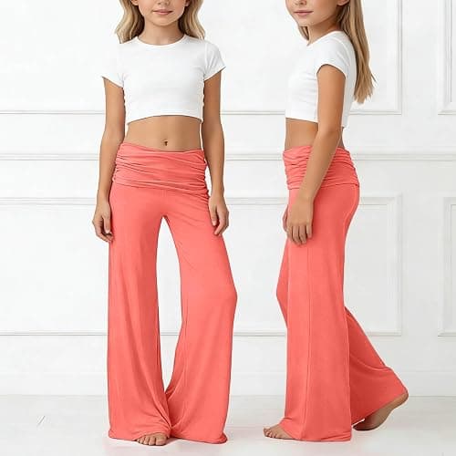 Coral Fold Over Yoga Pants Mädchen, Weite Lounge Hose Mit Raffung, Loose Fit Uni Corals Pants 2026 Coral Fold-Over-Yogahose, Weite Palazzo Hose Mit Hohem Umschlagbund,Korallfarbene Faltenhose thumbnail 3
