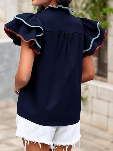 Tankaneo Womens Ruffle Short Sleeve Blouse V Neck Button Down Shirts Color Block Trendy Casual Tops thumbnail 5