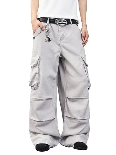 DFGIGT Mens Denim Baggy Pants with Cargo Pockets Mid Weight Casual Streetwear Wide Leg Jeans Hip Hop Skater Trousers - Image 1