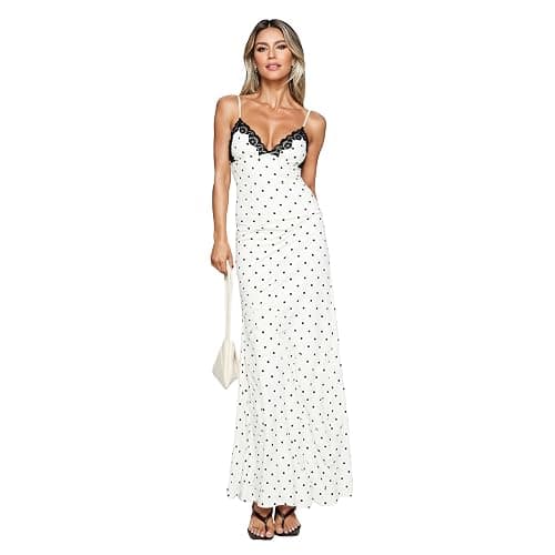 Women's Sexy Lace V Neck Polka Dot Sleeveless Flowy Long Maxi Dress Elegant Cocktail Party Gown Vacation Dresses - Image 1