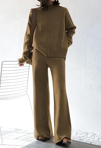 Fixmatti Women Sweater Set 2 Piece Knit Sweatsuit Turtleneck Sweater Top and Wide Leg Pant Lounge Outfits thumbnail 2