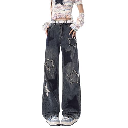 Lafaguw Cute Jeans for Women Girls Star Patchwork Pants High Waisted Straight Leg Jean Casual Preppy Clothes - Image 1