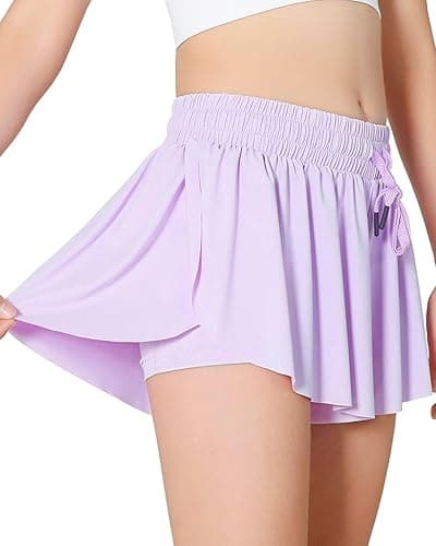 AIOIC Girls Butterfly Shorts Kids Flowy Shorts 2-in-1 Girls Butterfly Skirts with Pocket - Lavender - 9-10 Years