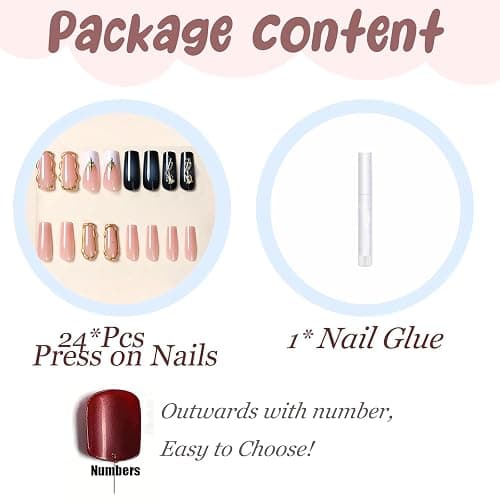 BABALAL Press on Nails Long Square Fake Nails Black Glue on White French Tip 3d Gold Chrome Texture Design Rose Charm Vintage Acrylic False Nails Y2k Fall Manicure Handmade Stick on Squoval Nails thumbnail 4