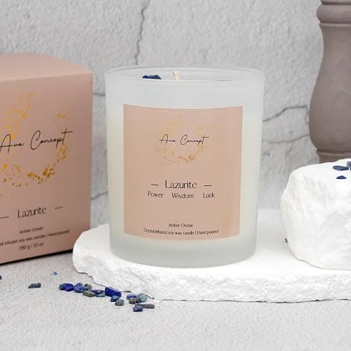 Ava Concept Lazurite Crystal Candle – 10oz / 280g | Amber Ocean Aromatherapy | Hand-Poured Soy Wax | Genuine Lapis Lazuli Healing Crystals Embedded | Power, Wisdom & Luck | Gift Box Included thumbnail 4