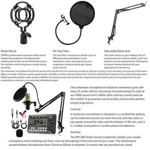 Pot Microphone Bundle, BM-800 Condenser Mic with F998 Live Sound Card Kit, Pot Equipment Bundle with Voice Changer and Mixer Functions for PC phone Studio Recording and Broating thumbnail 9
