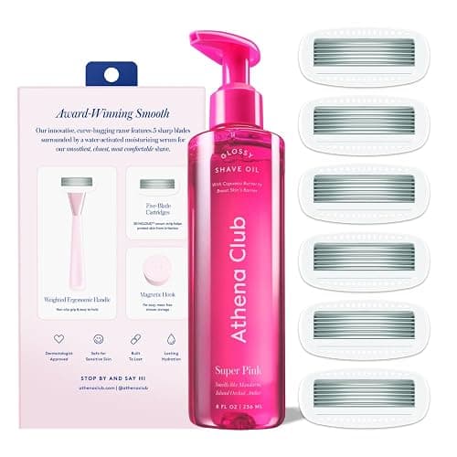 Athena Club Women’s Razor Shave Kit, 5-Blade Cartridge Razor for Sensitive Skin, Serum-Infused Blades with Shea Butter and Hyaluronic Acid, Includes Handle, 6 Refills, Shower Hook, and Shave Oil thumbnail 2