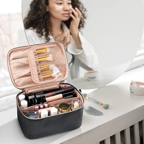 OCHEAL Makeup Bag, Portable Cosmetic Bag Black Make up Case Toiletry Bag | Large Capacity Travel Makeup Case Organizer for Women Toiletry Bag for Girls Traveling With Handle and Divider thumbnail 8
