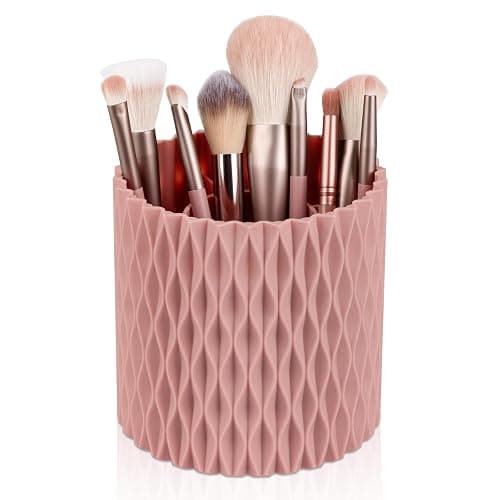 Anyoifax Makeup Brush Holder Organizer 361°Rotating Make Up Brushes Container for Vanity, Spinning Cosmetics Storage Cup, Ripple Pink - Image 1