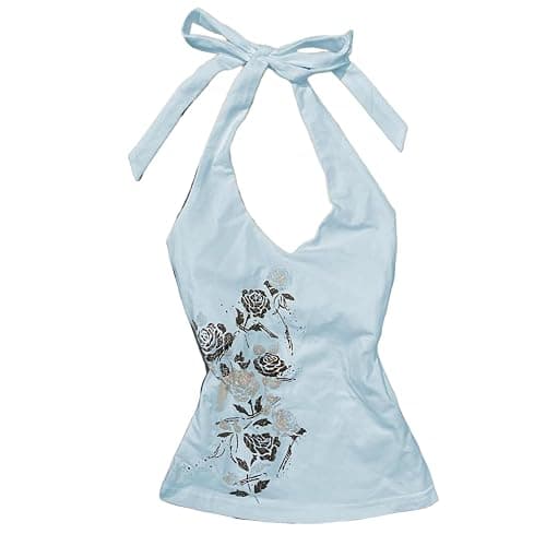 Cottagecore Summer Y2k V Neck Floral Tops Grunge Halter Tank Top 2000s Cute Backless Sleeveless Going Out Outfits - Image 1