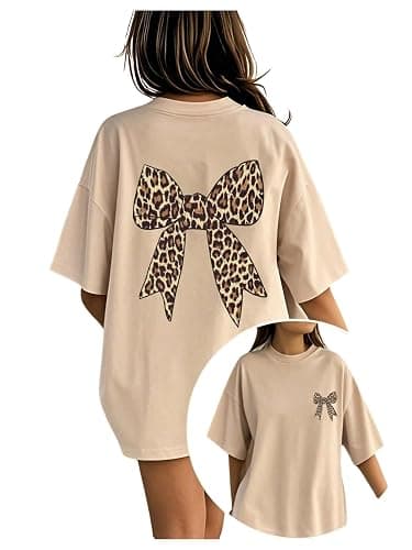RoseSeek Girl's Bow Leopard Graphic Tees Short Sleeve Preppy Summer T Shirt Aesthetic Baggy Tops - Image 1