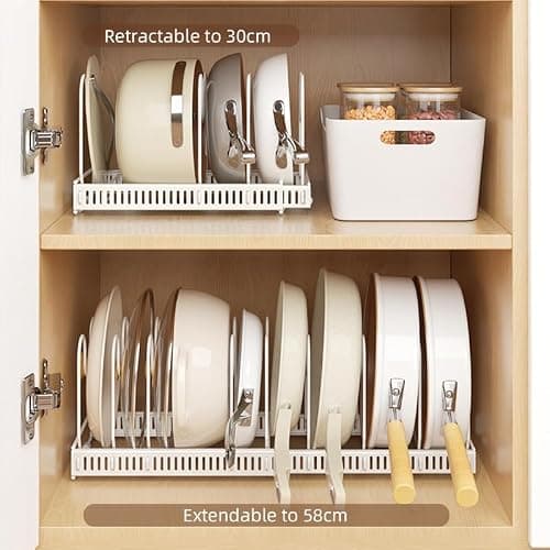 Lhieiayh Pots and Pans Organizer under Cabinet,Expandable Pot Lid Organizer Holder with 10 Adjustable Dividers for Kitchen Cabinet Cookware Baking Frying Rack,White thumbnail 5