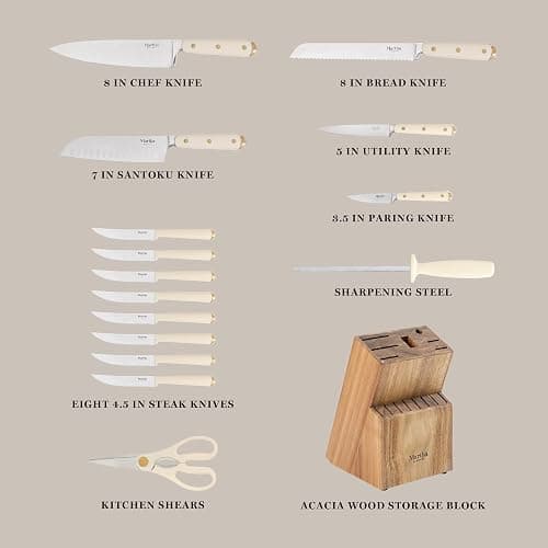 Martha Stewart 16 Piece Lockton High Carbon Stainless Steel Cutlery Kitchen Knife Block Set W/ABS Tripe Riveted Forged Handle Acacia Wood Block - Linen White W/Gold thumbnail 3
