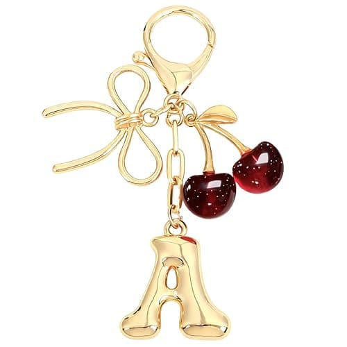 Snycler Bubble Initial Keychain with Bow & Cherry - Gold Letter Bag Charms for Women, Cute Purse Handbag Accessories - Image 1