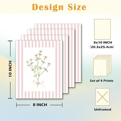 JINYO Coquette Pink Bow Floral Wall Art Prints Set of 4, Floral Room Decor, Preppy Pink and White Striped Flower Posters Pictures Wall Decor for Girls Room Bedroom Dorm Home, 8x10 Unframed thumbnail 7