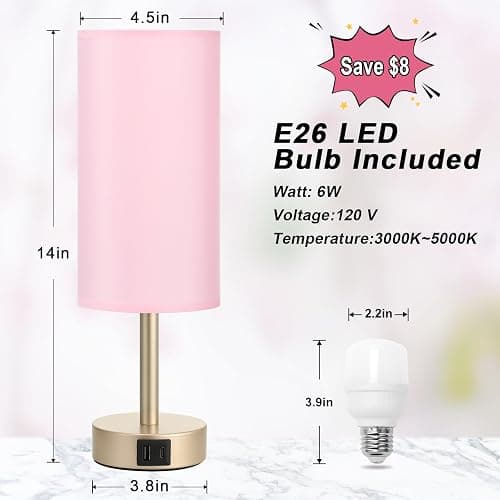 Small Table Lamp for Bedrooms - Bedside Lamps for Nightstands, Minimalist Night Stand Light with round fabric shade, Desk Reading Lamps for Children's room, Living room, Offices,Dorm (Pink and Gold) thumbnail 4