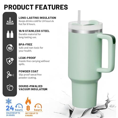 FOOJo 40oz Tumbler with Handle and Straw Lid - Travel Mug Leak-Proof Insulated Stainless Steel – Travel Cup for Hot & Cold Drink (Green) thumbnail 4
