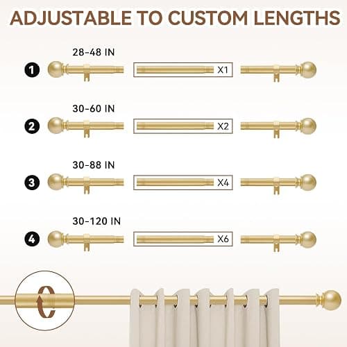 Gold Curtain Rod for Windows 28 to 48 Inch, 5/8 Inch Diameter Heavy Duty Splicing Adjustable Curtain Rods With Brackets, Easy to Install, Suitable for Bedroom, Patio and Outdoor thumbnail 5
