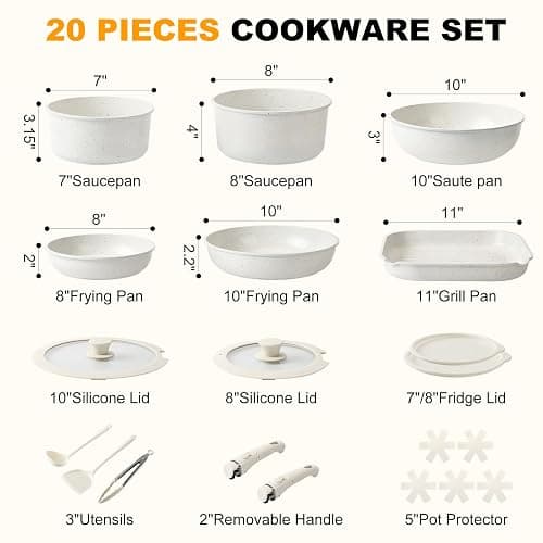 Pots and Pans Set Non Stick 20PCS, Ceramic Cookware Set Detachable Handle Non Toxic Stackable Kithchen Set, Dishwasher Oven Safe Induction Compatiable Frying Pans Pots Skillets, White thumbnail 2