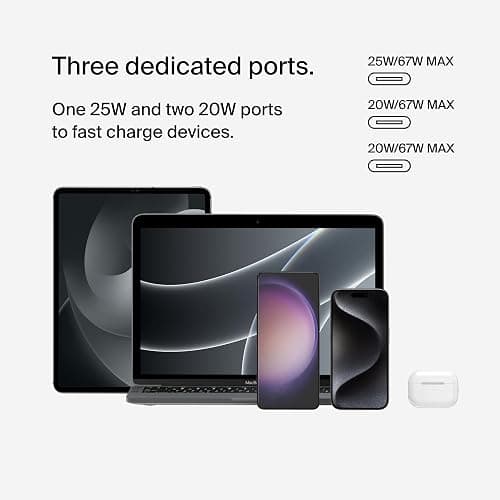 Belkin 3-Port USB C Charger Block 67W - PPS, USB-C PD 3.1 Enabled Fast Charging Charger for iPhone 17, MacBook Pro, AirPods, Samsung Galaxy S25, Google Pixel 10, Nintendo Switch 2 & More - White thumbnail 5