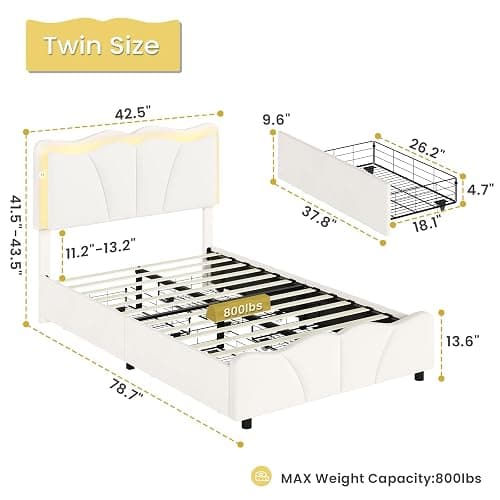 MSmask Twin Bed Frames with 4 Storage Drawers and LED Lights, Velvet Upholstered Platform Bed Frame with Height Adjustable Headboard, LED Bed Frame with Type C & USB, No Box Spring Needed, White thumbnail 2
