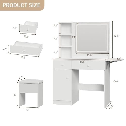 FUXA Vanity Desk with LED Lights Mirror and Charging Station, Makeup Vanity Table with Storage Drawers, Cabinet and Chair, Dressing Table Set for Bedroom, White thumbnail 2