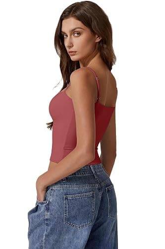 QINSEN Women's Double Lined Basic Tank Top Adjustable Spaghetti Straps Sleeveless Camisole Shirts thumbnail 4