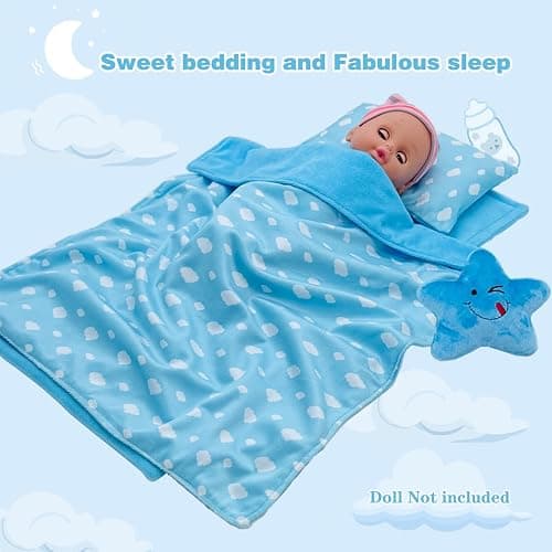 Baby Doll Accessories Bedding Set Soft Blanket Mattress Pillow Dolls Playset Fits 16-18 Inches American Doll Furniture Toy Girls and Boys (Blue) thumbnail 6