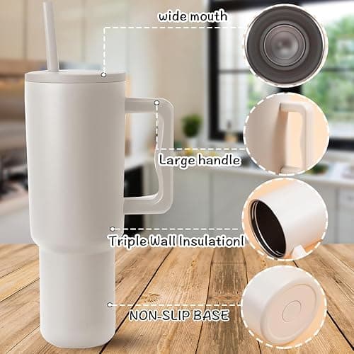 40 oz Tumbler with Handle Lid and Straw & 40 oz Tumbler Accessories - Vacuum Insulated Stainless Steel Double Wall Water Bottle with Strap Bag - Holiday Gifts for Women Men (Cream) - Cream thumbnail 2