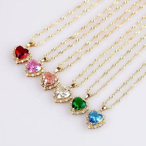 MISS RIGHT Crystal Love Heart Necklace for Women 14K Gold Plated with Birthstone Charm Pendant Necklace, Jewelry Gifts for Women, 16"+2" thumbnail 5