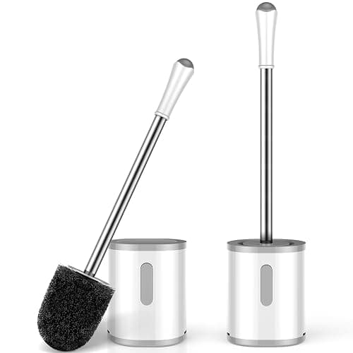 Toilet Brush and Holder Set, 2 Pack with Stainless Steel Handle Toilet Bowl Brush, Compact Toilet Scrubber Brush for Deep Cleaning Bathroom Restroom, Easy to Assemble White & Gray - Image 1