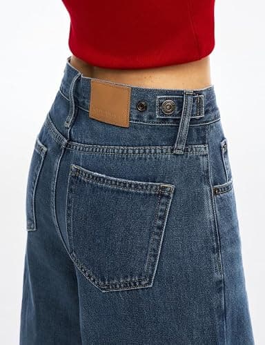 Women's Adjustable Wasit Baggy Jeans with Snap-Button Waistband Wide Straight Leg High Rise Jeans Denim Pants Y2K Trousers thumbnail 2