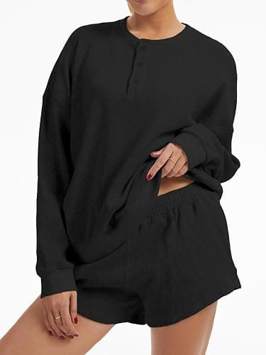 AnotherChill Women's Waffle Knit 2 Piece Lounge Short Sets Cozy Outfits | 95% cotton oversized sweatshirt high-rise shorts, breathable casual comfy matching sets for loungewear spring and fall thumbnail 2