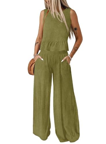 Dokotoo Pants Sets Women 2 Piece Outfits Sleeveless Round Neck Tank Tops Matching Sets for Women Elastic Waist Wide Leg - Image 1
