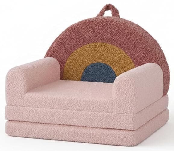 Blissful Diary Foldable Toddler Couch, 2-in-1 Comfy Toddler Chair & Lounger for Reading, Playroom, Kids Couch Sofa for Girls Boys Birthday Gift, Blush Rainbow - Image 1