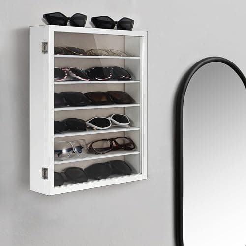 TJ.MOREE Sunglasses Organizer Storage Wall Mounted: 13 x 15.6 inches Eyewear Display Case Rustic Wood Eyeglasses Holder Large Glasses Storage Box,White thumbnail 6