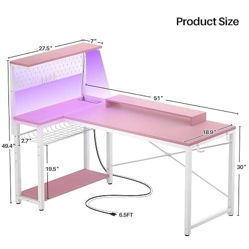 Homieasy Small Gaming Desk with Power Outlets Pegboard LED Light, 51 Inch L Shaped Computer Desk with Monitor Stand Storage Shelves, Reversible Corner Desk with Headset Hooks, Carbon Pink - Carbon Fiber Pink - 51 inch thumbnail 3