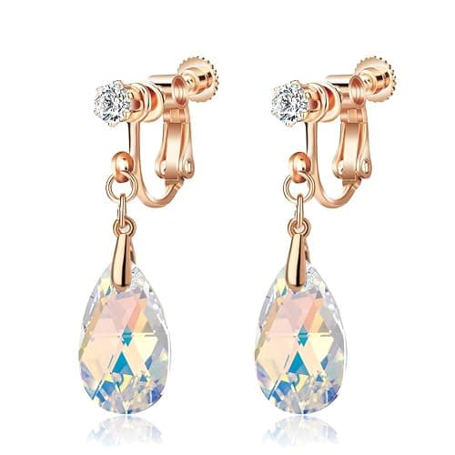 Teardrop Austrian Crystal Drop Clip On Dangle Earrings for Women Non Pierced 14K Rose Gold Plated Hypoallergenic Jewelry - Image 1