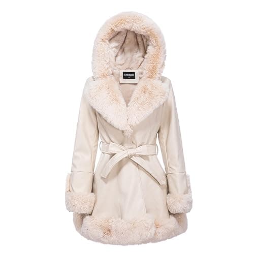 GRAN ORIENTE Women's Faux Leather Jacket with Faux Fur Collar, Winter Long Sleeve Furry Trim Peplum Parka Coat with Belt - Image 1