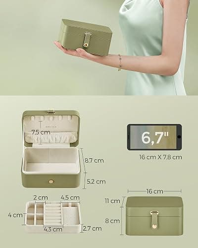 SONGMICS Schmuckkästchen Reise, Schmuckkasten klein, 2 Ebenen Schmuckaufbewahrung, tragbar, Schmuck-Reiseetui, für größere Accessoires, 11 x 16 x 8 cm, Geschenkidee, lorbeergrün JBC166C02 thumbnail 6