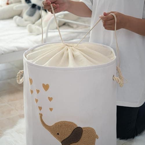 INough Baby Laundry Basket Laundry Hamper, Canvas 58L XL Baby Clothes Basket, Collapsible Brown Laundry Basket for Nursery Toy Baskets with Drawstring Closure, KidsRoom Decor for Boys thumbnail 7