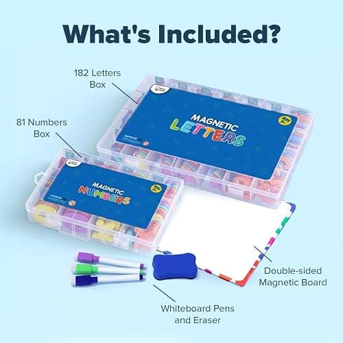 Magnetic Letters and Numbers for Children – The Complete Set: 182 Letters and 81 Numbers & Symbols – Thick Foam Fridge Magnets for Kids - Includes 2 Storage Boxes, Magnetic Board, Pens and Eraser thumbnail 5