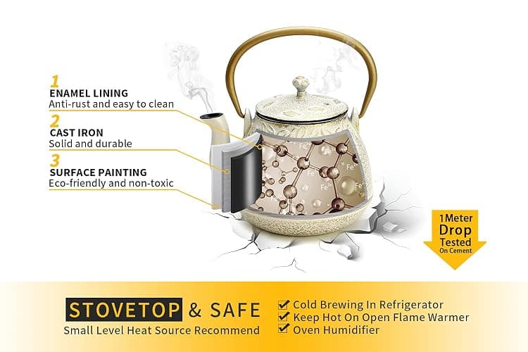 Toptier Cast Iron Tea Kettle, Stovetop Safe Japanese Cast Iron Teapot with Infuser, Leaf Design Tea Kettle for Stove Top Coated with Enameled Interior for 32 Ounce (950 ml), Warm Beige & Gray thumbnail 5