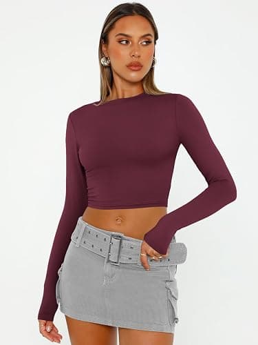 Trendy Queen Womens Long Sleeve Crop Tops Basic Slim Fitted Shirts Fashion 2025 Going Out Y2k Tops Teen Girl Clothes thumbnail 2