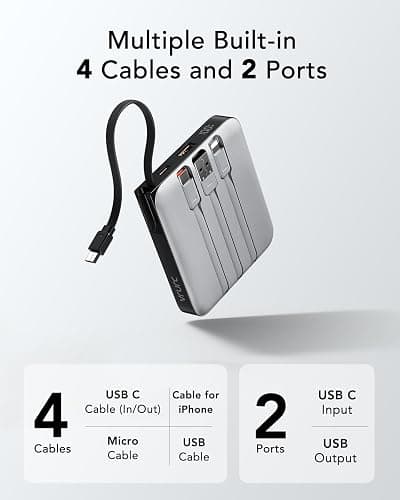 VRURC Portable Phone Charger 4 Built-in Cables, Fast Charging PD 20W Power Bank 10000mAh, USB C Mini Battery Pack for iPhone 16 15 14 Samsung Galaxy S23 Google Android Cell Phones(1 Pack) thumbnail 2